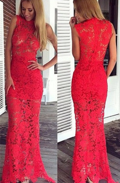Sexy Red Mermaid Lace Long  Evening Dress  Floor Length Sleeveless Plus Size Dress