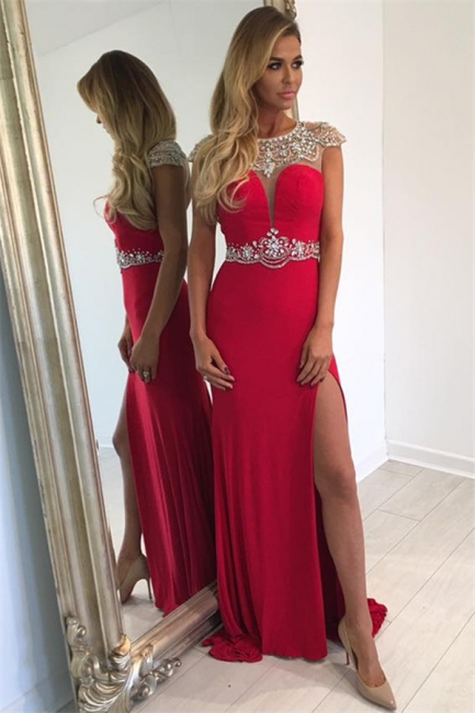 Cap Sleeve Split Sexy Evening Gown  Crystal Long Red Prom Dress