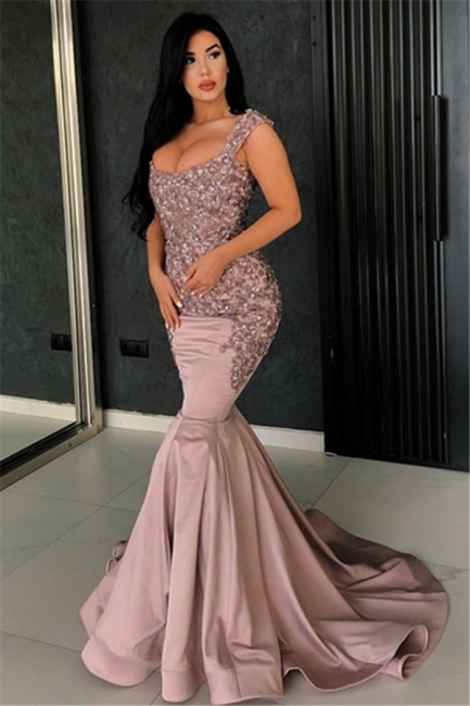 Chic Pink Straps Lace Mermaid Prom Dress Appliques Rhinestones Evening Dresses On Sale