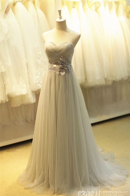 Formal Sweetheart Tulle Long Grey Prom Dresses Plus Size  Lace-up High Quality Evening Gowns BA3828