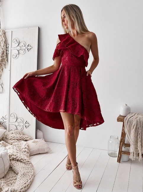 Elegant One Shoulder Lace Short Homecoming Dresses |  Hi-Lo  Hoco Dress