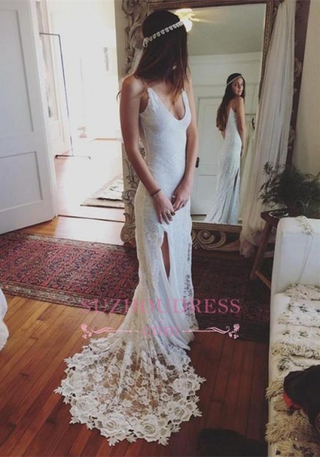 Sleeveless Lace Beach Gorgeous V-Neck Split Wedding Dress