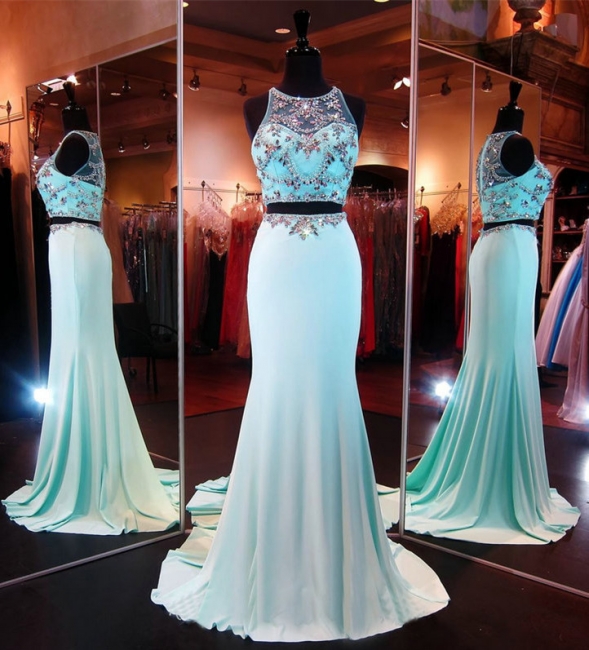 Two Pieces Sexy Mermaid Long Formal Occasion Dresses Sweep Train Beading Evening Dress CE0109