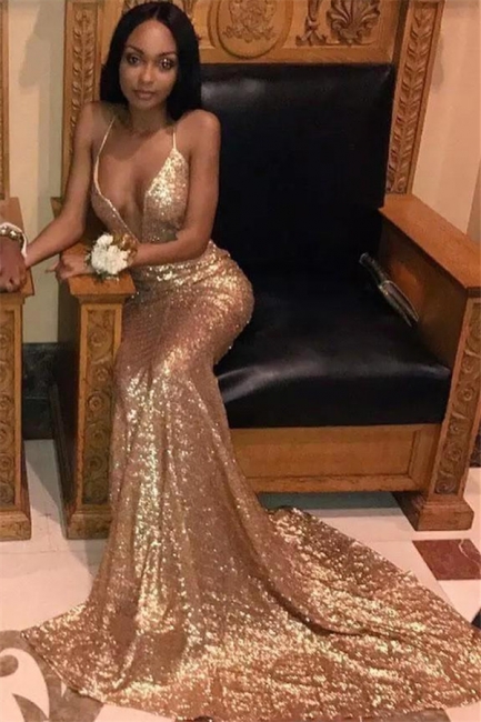 Sexy V-neck Gold Sequin Prom Dress  | Spaghetti Straps Long Train Sparkling Evening Dress
