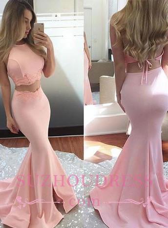 Cute-pink Scoop-neckline Sweep-train Mermaid  Two-pieces Prom Dress