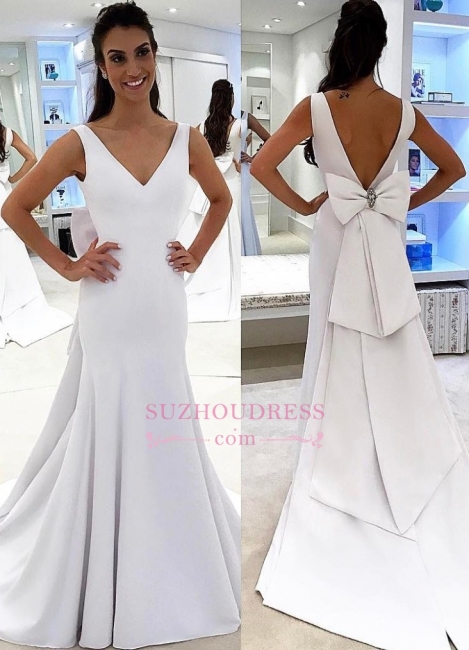 V-neck Simple A-line Wedding Dress | White Chic Backless Bridal Gowns