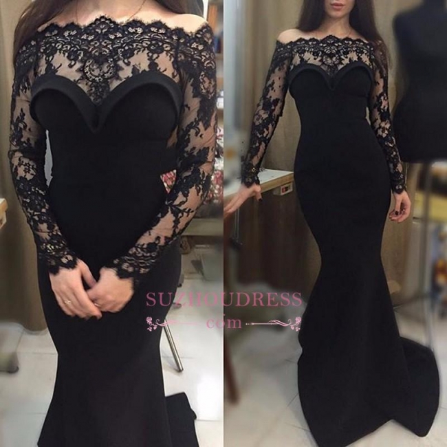 Off-The-Shoulder Mermaid Long Sleeve Black Lace Prom Dresses  BA4129