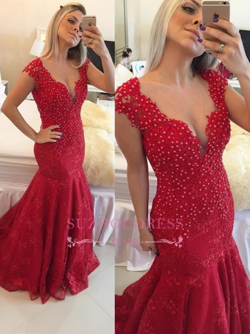 Cap Sleeve Pearls V-neck Red Delicate Lace Mermaid  Prom Dress BMT207