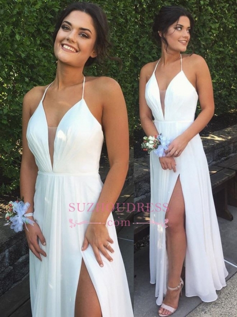 Split  Elegant Summer Evening Dress For Beach Seaside White Halter Chiffon Sleeveless Prom Dress