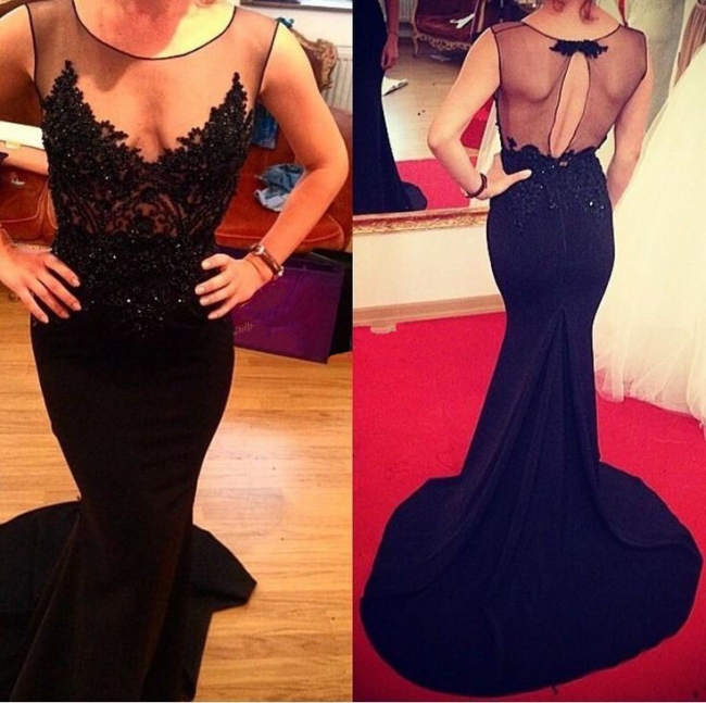 Black Lace Prom Dresses  Mermiad Sheer scoop Illusion Back Evening Gowns CE019