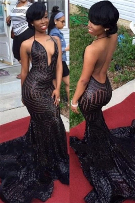 Sexy Black Mermaid Sequined Prom Dresses  Backless V-Neck Evening Gowns SK0096