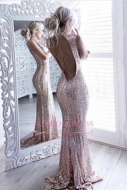 Sequins Sparkling Sheath  Formal Dress Sexy Open-Back Sleeveless High Neck Prom Dress JJ0158