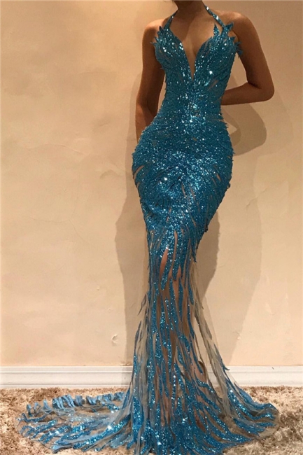 Mermaid Illusion Blue Sequins Evening Dresses | Halter Sleeveless Sexy  Prom Dresses 2019