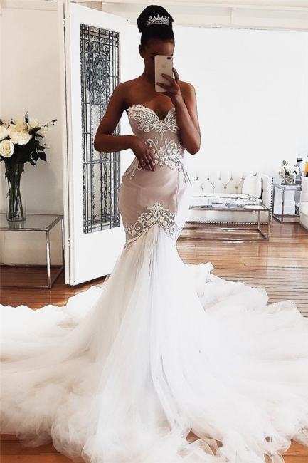Gorgeous Sleeveless Mermaid Wedding Dresses Sweetheart Lace Bridal Gowns Online