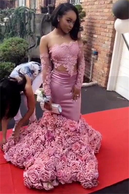 Long Sleeve Pink Lace Prom Dresses  | Roses Bottom Off The Shoulder Mermaid Evening Dress Sexy FB0315