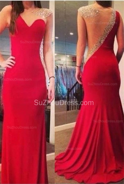 Red  Prom Dresses Illusion Neck Cap Sleeve Sequins Mermaid Satin Sweep Train Sexy Charming Evening Gowns