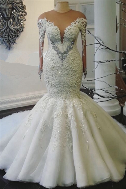 Beads Long Sleeve Wedding Dresses Lace Appliques Mermaid Bridal Gowns On Sale