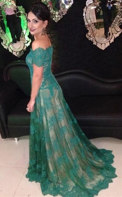 Green Lace Off Shoulder Elegant Long Evening Dress  Popular Formal Occasion Dresses