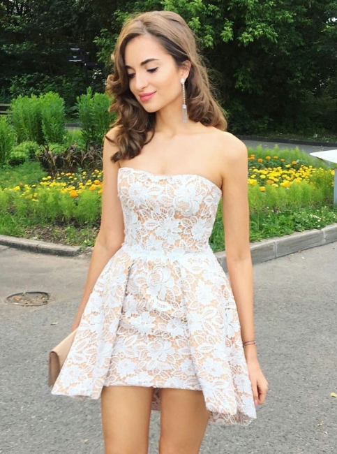 Sexy Strapless Mini Homecoming Dresses   | Sleeveless Lace Short Hoco Dresses