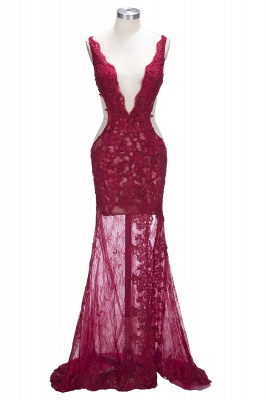 Sexy V-neck Sleeveless Formal Evening Dresses Front-Split Lace Mermaid Prom Dress BA6811_1