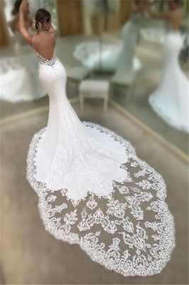 Mermaid Spaghetti Sleeveless Appliqued Lace Court Train Wedding Dresses_3