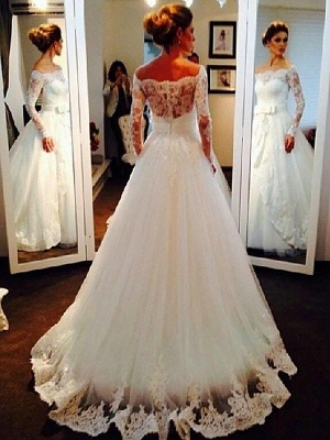 Affordable Long Sleeves Puffy Off-the-Shoulder Tulle Wedding Dresses | Bridal Gowns On Sale_3