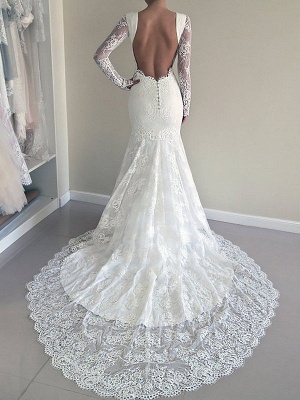 Chic Jewel Lace Mermaid Wedding Dresses Long-Sleeves Appliques Bridal Gowns with Open Back_3