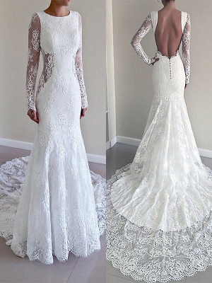 Chic Jewel Lace Mermaid Wedding Dresses Long-Sleeves Appliques Bridal Gowns with Open Back_1