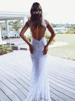 Gorgeous Sweep Train Sleeveless Halter Lace Mermaid Wedding Dresses | Bridal Gowns Online_4
