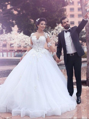 Glamorous Sweetheart Tulle Puffy Court Train Wedding Dresses Long Sleeves | Bridal Gowns On Sale_1