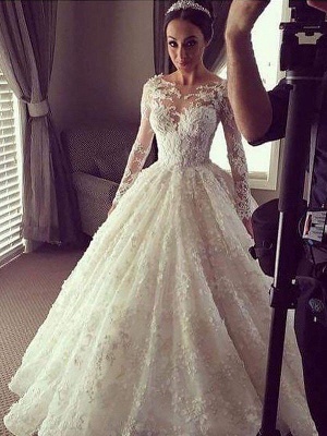 Alluring Scoop Lace Court Train Ivory Wedding Dresses Long Sleeves Appliques Bridal Gowns On Sale_3