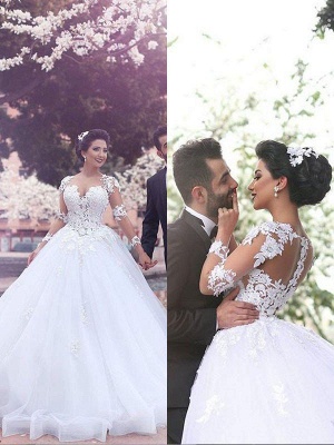 Glamorous Sweetheart Tulle Puffy Court Train Wedding Dresses Long Sleeves | Bridal Gowns On Sale_3