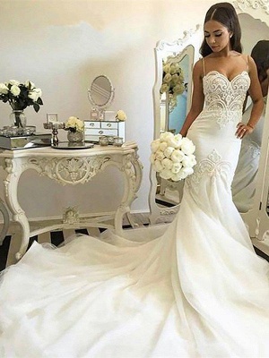 Unique Spaghetti Straps Sleeveless Tulle Chapel Train Mermaid Wedding Dresses | Bridal Gowns On Sale_3