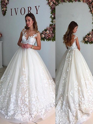 Tempting V-Neck Tulle Lace Princess Wedding Dresses Sleeveless Appliques Bridal Gowns with Court Train_1
