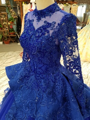 Long Sleeves Ball Gown Applique Tulle Sparkly Beaded Court Train Prom Dress UK on sale_6