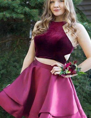 Two Piece Flattering A-line Halter Sleeveless Elegant Lace Short Prom Dress UK on sale_1