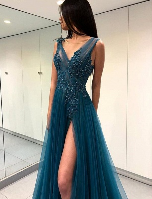 Luxury Trendy V-neck Split Front Flattering with Lace Appliques Blue Soft Tulle Elegant Prom Dress Online | Suzhoudress UK_3