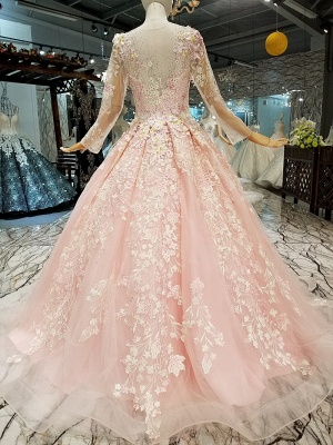Organza Round Neck Long Sleeves Applique Flattering A-line Court Train Prom Dress UK on sale_4