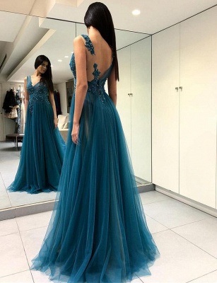 Luxury Trendy V-neck Split Front Flattering with Lace Appliques Blue Soft Tulle Elegant Prom Dress Online | Suzhoudress UK_1