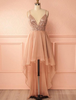 Flattering A-line Sequins Spaghetti Straps V-Neck High Low Prom Homecoming Dress_1