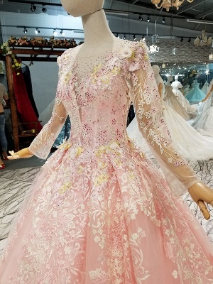 Organza Round Neck Long Sleeves Applique Flattering A-line Court Train Prom Dress UK on sale_7