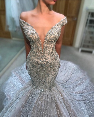 Alluring Off-the-Shoulder Tulle Beaded Mermaid Wedding Dresses Sexy Deep V-Neck Sleeveless Bridal Gowns Online_1