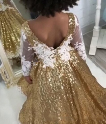 Gold Sparkly Sequins Girl Applique Round Neck Court Train Pageant Dress | Suzhoudress UK_4