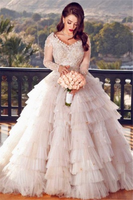 Affordable Pink Tulle Ruffle Lace Appliques Wedding Dresses V-Neck Long Sleeves Rhinestones Bridal Gowns On Sale_1