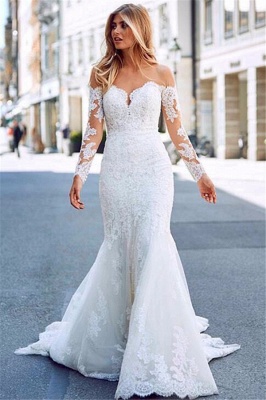 Affordable Mermaid Appliques Long Wedding Dresses Off-the-Shoulder Long Sleeves Bridal Gowns On Sale_1