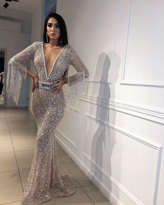 Sexy Trumpet/Mermaid Tulle Shining Sequins Womens Plunge V-Neck 3/4 Sleeves Floor-Length Online Prom Dress Sale with Tassels | Suzhoudress UK_3