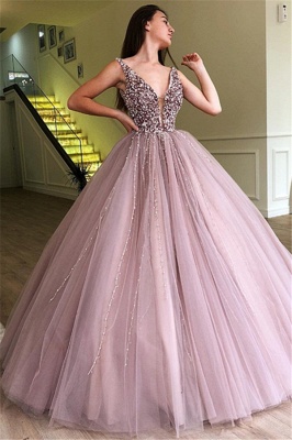 Tulle Beading Deep-V-Neck Straps Summer Prom Dress UK_1