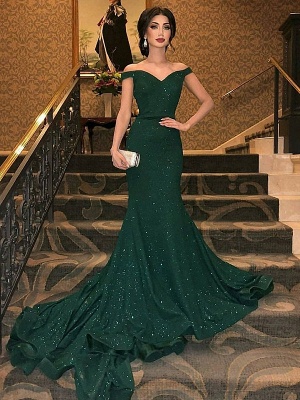 Dark Green Off-The-Shoulder Shining Sequins Mermaid Sleeveless Sweep Train Exclusive Prom Dresses UK | New Styles_1