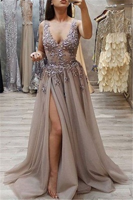 New Arrival Straps Sleeveless Front Split Fitted V-Neck Floor-Length Exclusive Prom Dresses UK | New Styles_3
