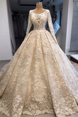 Stylish Ball Gown Scoop Long-Sleeves Appliques Wedding Dresses | Bridal Gowns Online_1